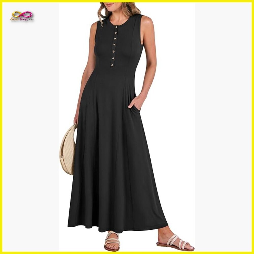 Sleeveless Maxi Sundress A-Line Flowy Beach Casual Elegant Button Fit & Flare